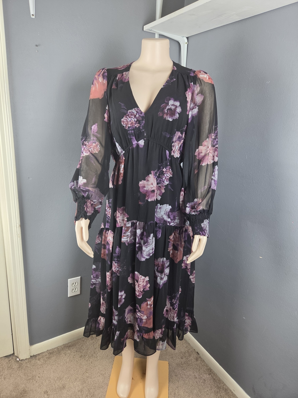 Taylor Black Floral Midi Dress with Pink & Purple Blooms